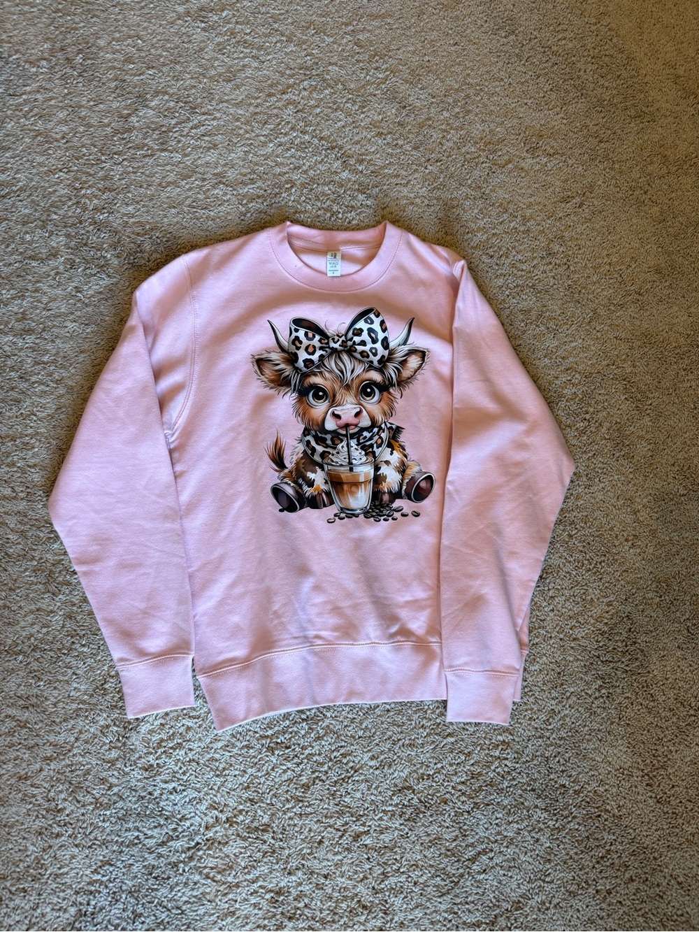 Pink Graphic Sweatshirt with Cute Cow and Coffee Art